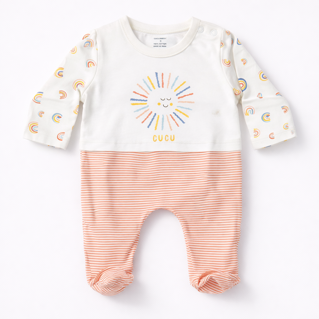 Rainbow Sun Baby Cotton Sleepsuit – Full Sleeve Striped Footed Onesie