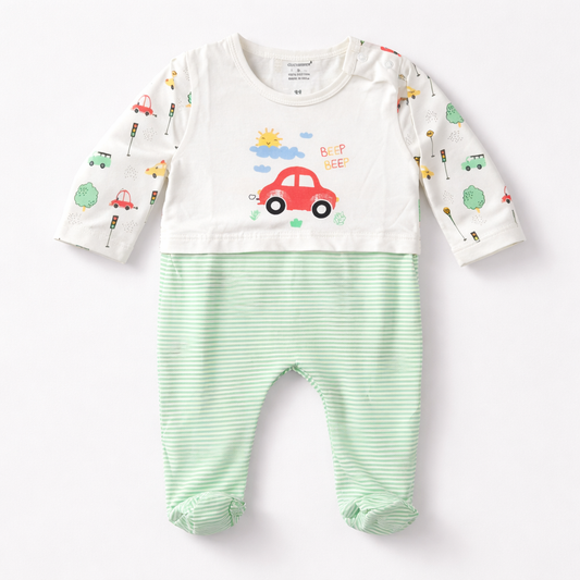Beep Beep Car Baby Cotton Sleepsuit – Green Striped Footed Onesie