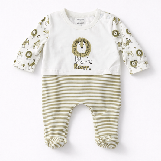 Roar Lion Baby Cotton Sleepsuit – Olive Green Striped Footed Onesie