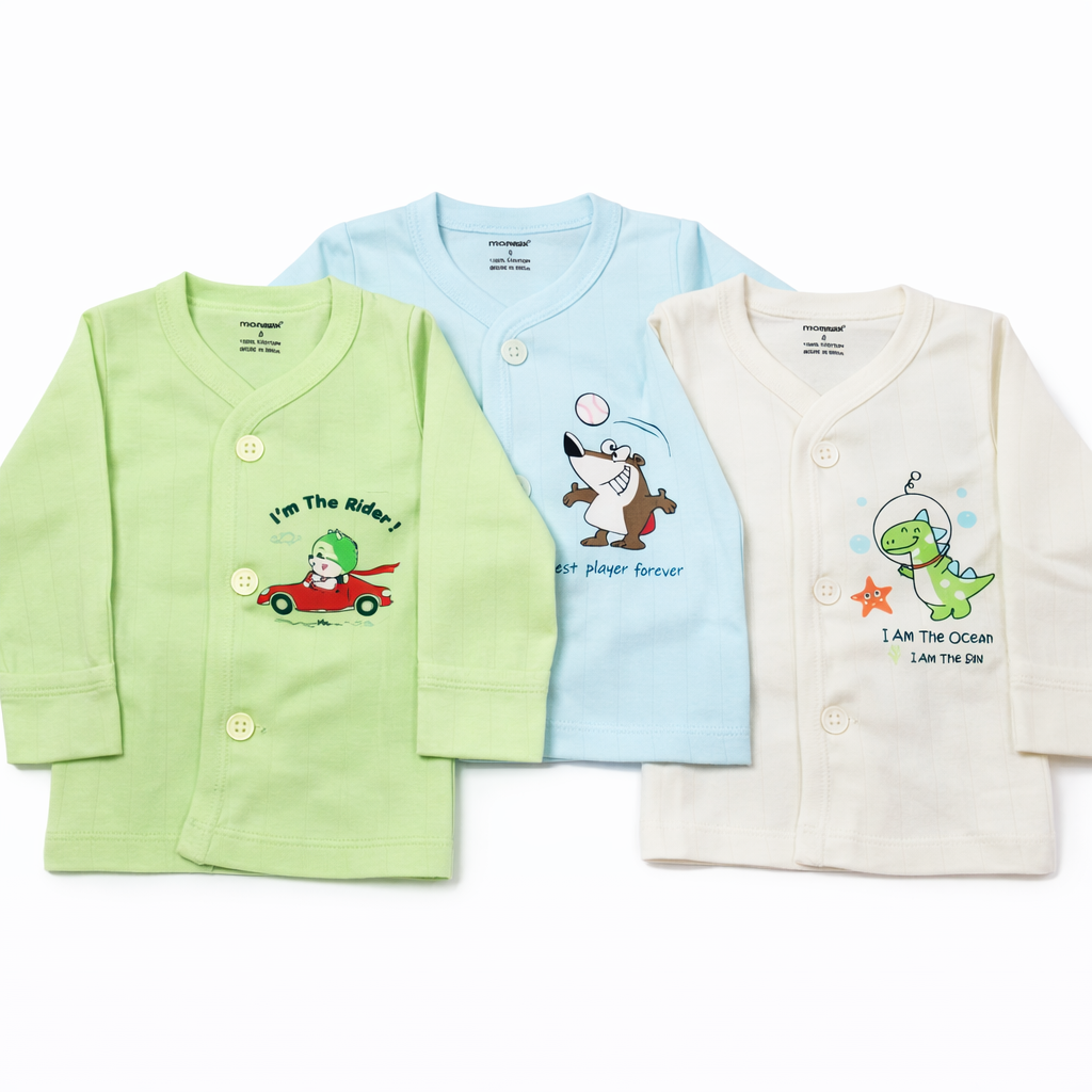Simply Colourful Cartoon Print Long Sleeve Baby Top with playful designs- set of 3 - Cutypi