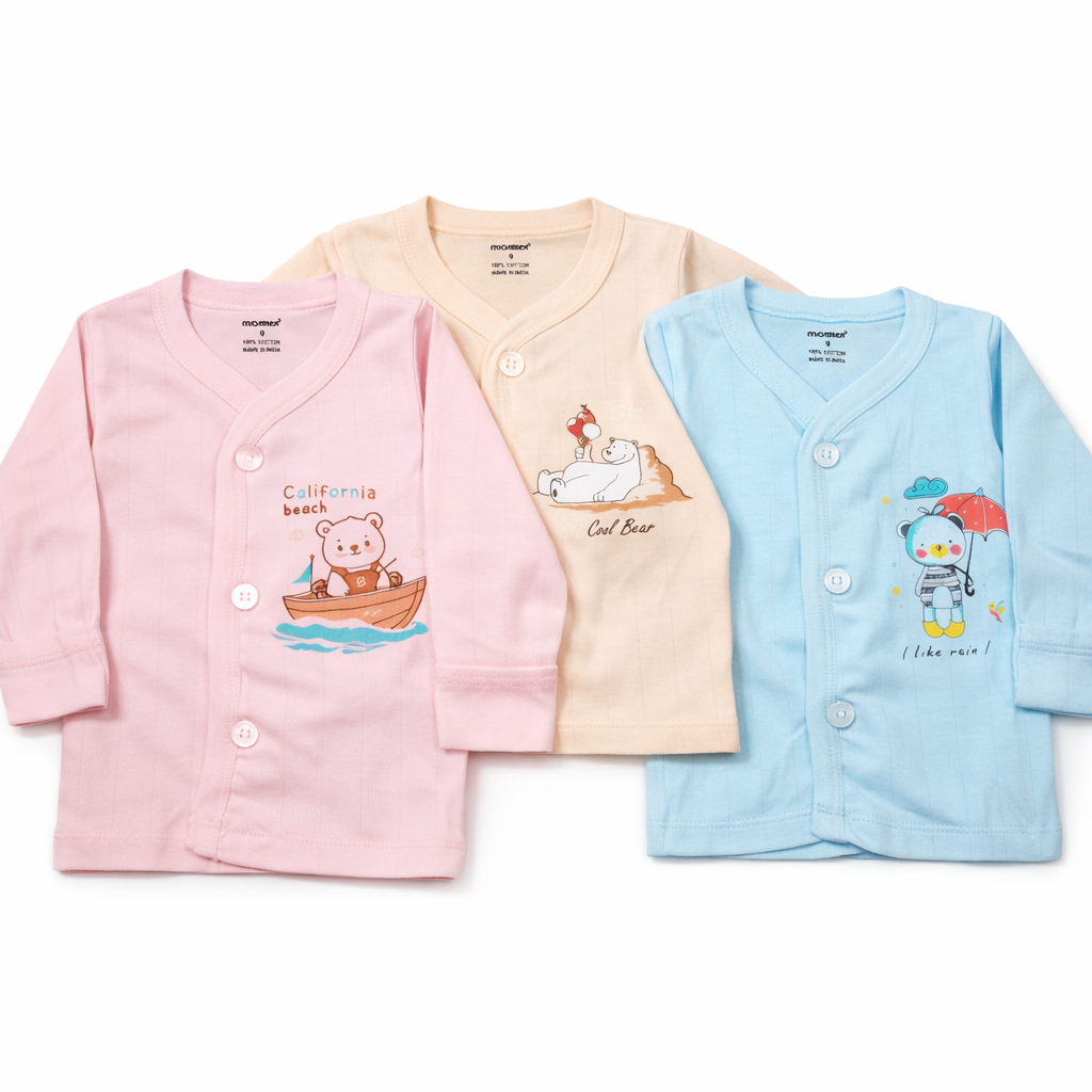 Simply Colourful Cartoon Print Long Sleeve Baby Front Open Top with playful designs- set of 3 - Cutypi