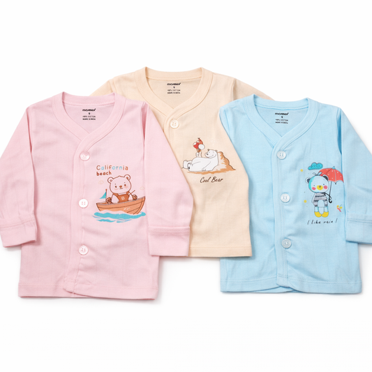 Simply Colourful Cartoon Print Long Sleeve Baby Front Open Top with playful designs- set of 3 - Cutypi