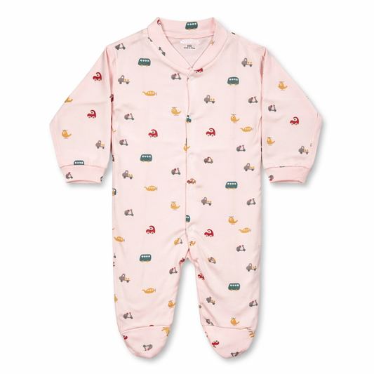Baby Sleepsuit with Cute Vehicle Print – Full Sleeve Cotton Romper - Pink