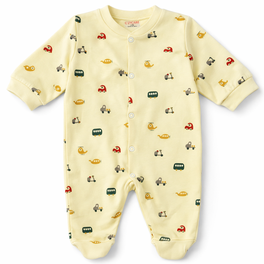 Baby Sleepsuit with Cute Vehicle Print – Full Sleeve Cotton Romper - Yellow