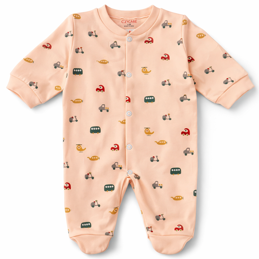 Baby Sleepsuit with Cute Vehicle Print – Full Sleeve Cotton Romper - orange