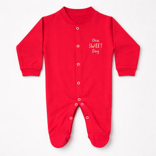 Red Full Sleeve Baby Romper with Snap Buttons – Soft Cotton Sleepsuit