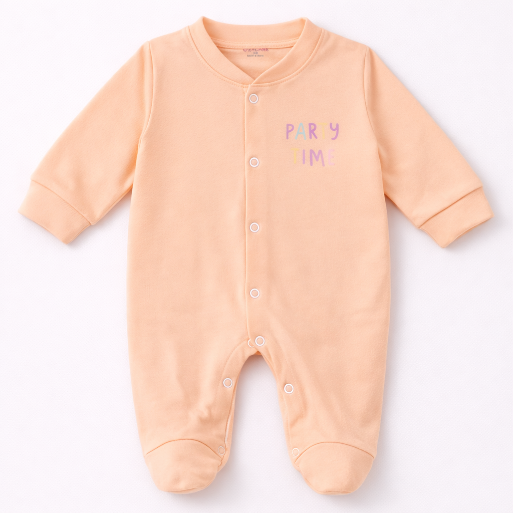 Cozy Care Peach Baby Sleepsuit with “Party Time” Print – Full Sleeve Cotton Romper - Cutypi