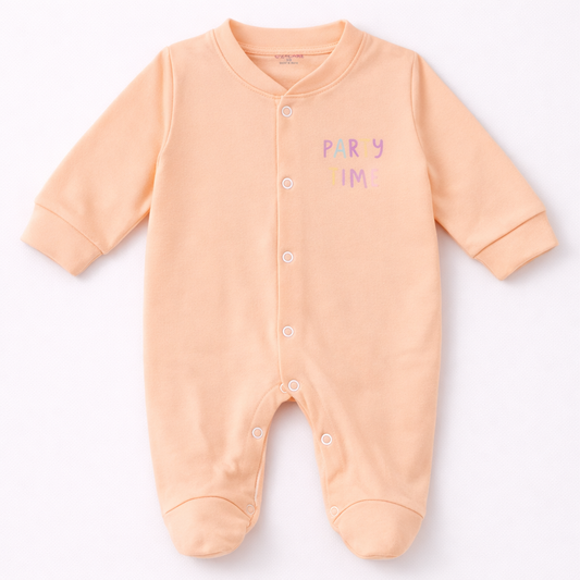 Cozy Care Peach Baby Sleepsuit with “Party Time” Print – Full Sleeve Cotton Romper - Cutypi