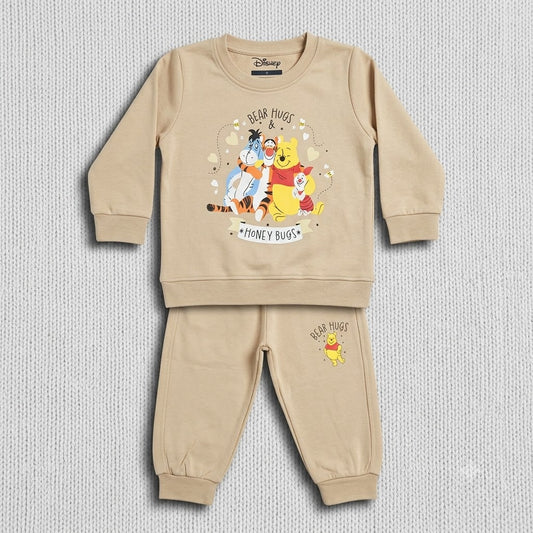 Little Blooms Kids Beige Sweatshirt and Joggers Set with Cute Cartoon Print