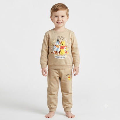 Little Blooms kids beige sweatshirt and matching joggers set with Winnie the Pooh and friends graphic print