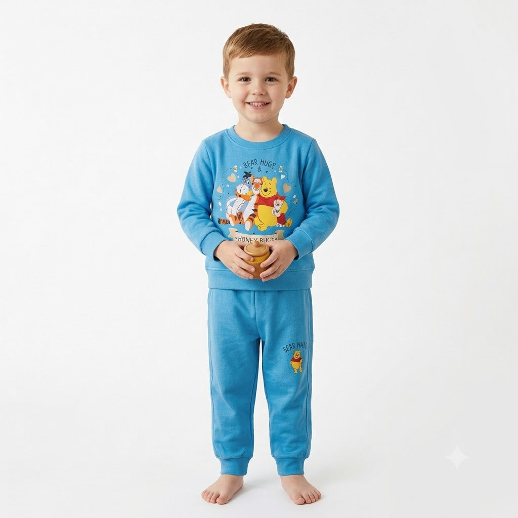 Little Blooms kids blue sweatshirt with Winnie the Pooh and friends graphic print and matching blue joggers