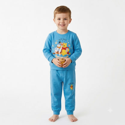 Little Blooms kids blue sweatshirt with Winnie the Pooh and friends graphic print and matching blue joggers