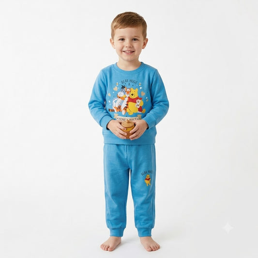 Little Blooms kids blue sweatshirt with Winnie the Pooh and friends graphic print and matching blue joggers