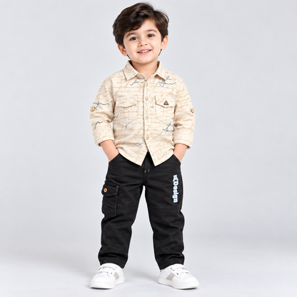 GuffKid Boys Cream Printed Shirt with Black Cargo Pants Set