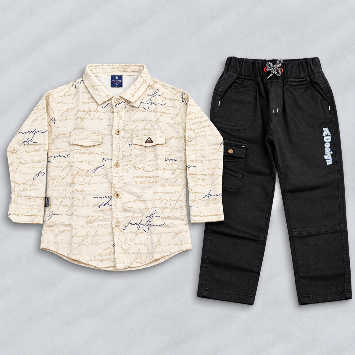 GuffKid boys cream printed full sleeve shirt with black cargo pants set