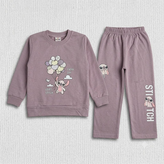 Kookie Girls Mauve Sweatshirt and Pants Set with Cute Stitch Character Print