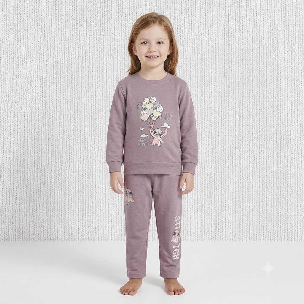 Kookie girls mauve sweatshirt and matching pants set with Stitch character and balloon graphic print