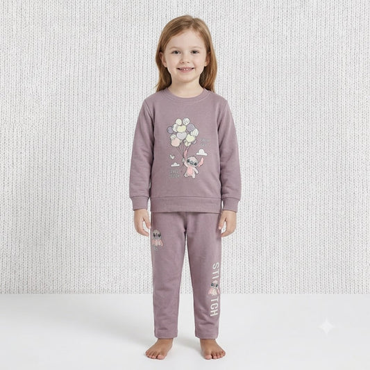 Kookie girls mauve sweatshirt and matching pants set with Stitch character and balloon graphic print