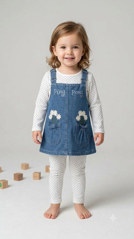 Ping Pong girls blue denim pinafore dress with floral embroidery, front pockets, white polka dot full sleeve top and matching pants