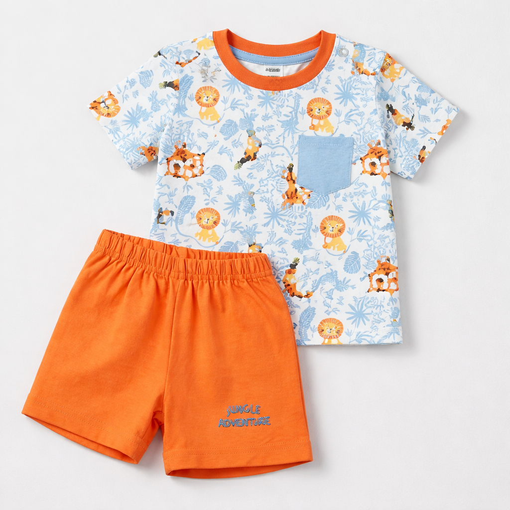 Krunchy Jungle Adventure Kids 2-Piece Outfit – Lion Print T-Shirt & Orange Shorts Set for Boys & Toddlers  - Cutypi